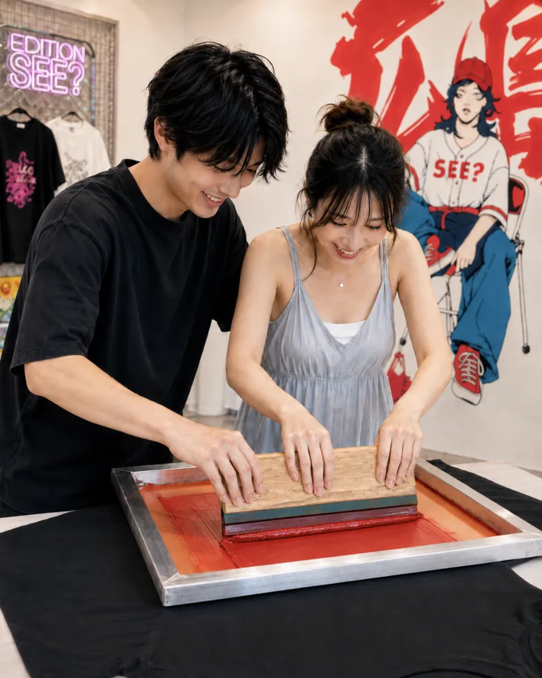 カップルがシルクスクリーン印刷を体験 – EDITION SEE? 広島