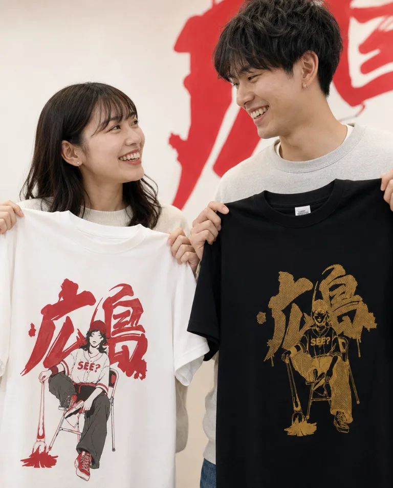 完成したTシャツを持つカップル – EDITION SEE? 広島
