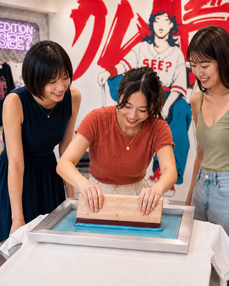 女性3人がシルクスクリーン印刷を楽しむ – EDITION SEE? 広島