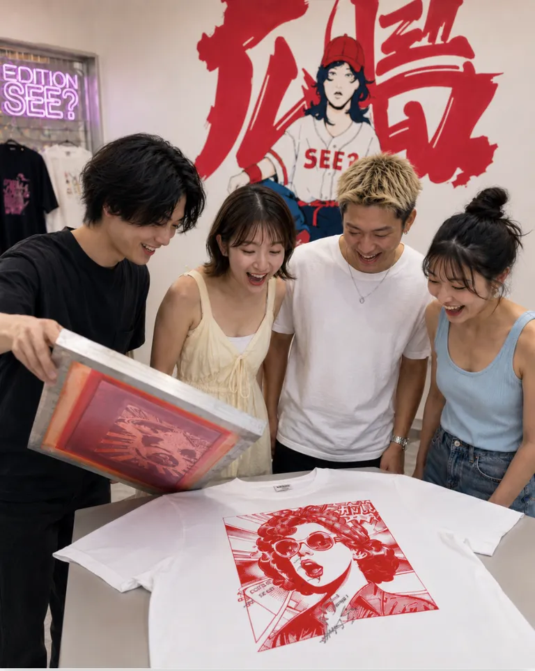 完成したTシャツを見てリアクションする4人グループ – EDITION SEE? 広島